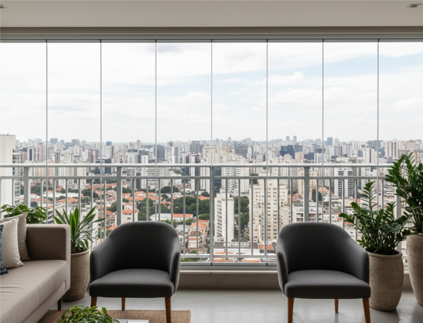 Sala e varanda integradas por um fechamento de sacadas em vidro, com vista da cidade