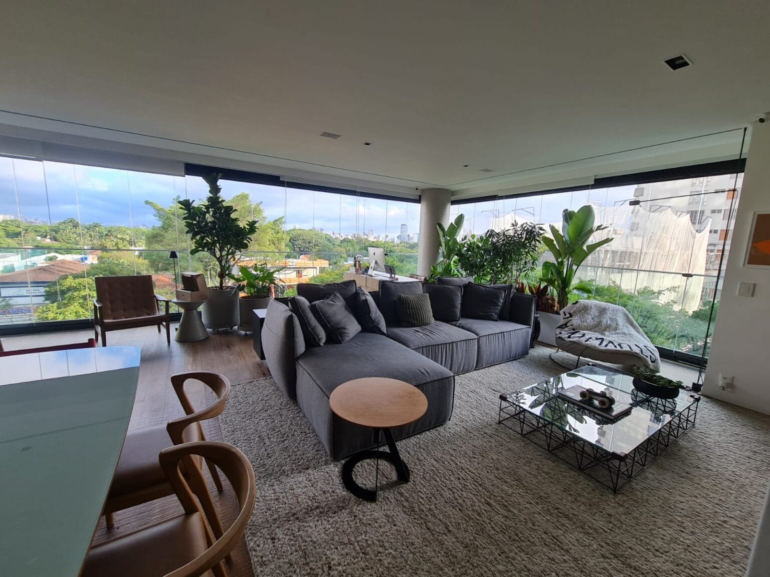 Sala e varanda envidraçada integradas, com sofá, plantas e vista arborizada
